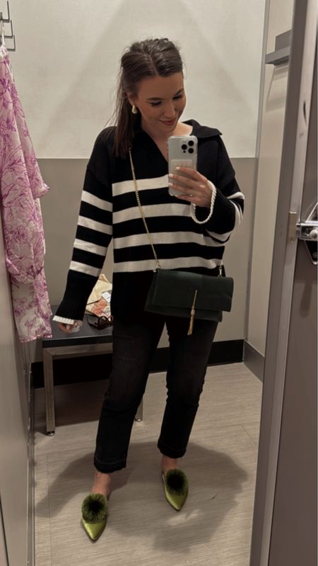 OOTD - these green shoes and striped black and white sweater is perfect for running errands. I paired this outfit with comfortable amazon jeans! #momstyle #tryon #blacksweater #stripedsweater 

#LTKfindsunder100 #LTKfindsunder50 #LTKstyletip