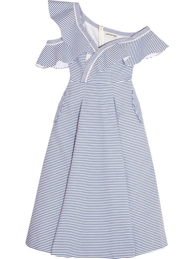 Self-Portrait - Off-the-shoulder Striped Cotton-poplin Midi Dress - Blue | NET-A-PORTER (UK & EU)