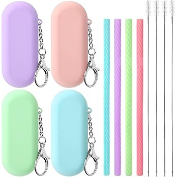 4 Set Silicone Straws with Case Reusable Straws Silicone Foldable Portable Drinking Straw Set for... | Amazon (US)
