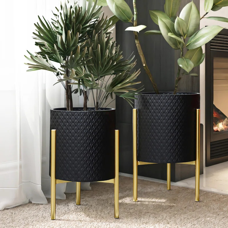 Everly Quinn Kasandra 2-Piece Handmade Metal Pot Planter with Gold Stand Set & Reviews | Wayfair | Wayfair North America