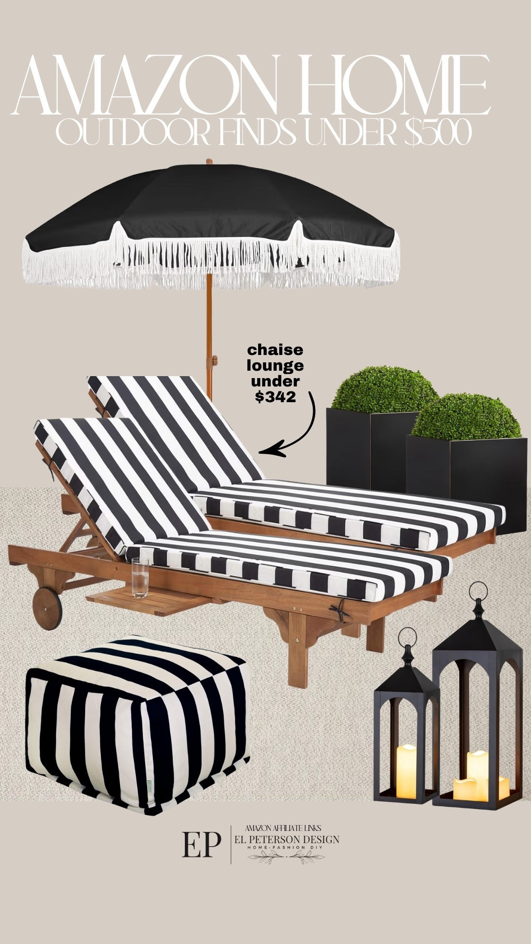 Amazon
Chaise lounge chairs
Planters
Ottoman
Floor lantern
Rug
Umbrella

#LTKHome