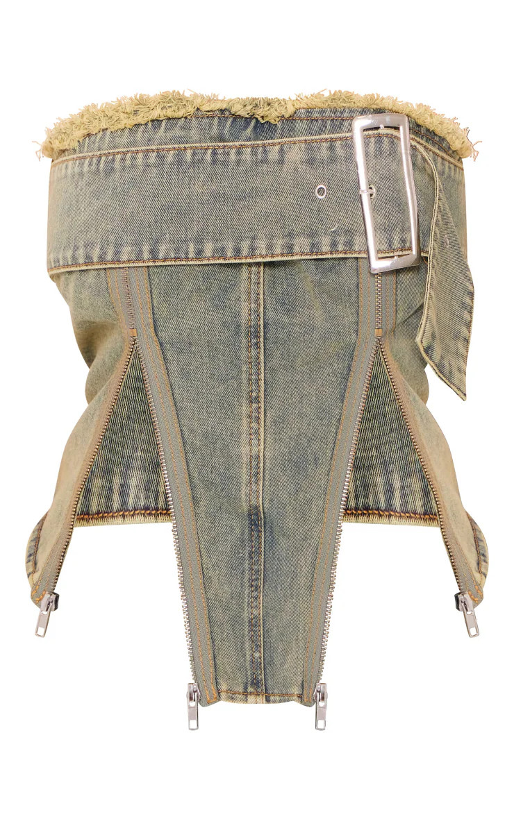 Plus Vintage Wash Oversized Buckle Denim Corset | PrettyLittleThing US