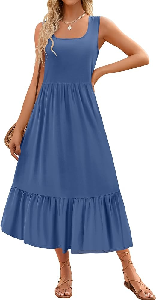 ZESICA Women's 2024 Summer Sleeveless Dress Square Neck Pleated Swing Casual Maxi Dresses with Po... | Amazon (US)