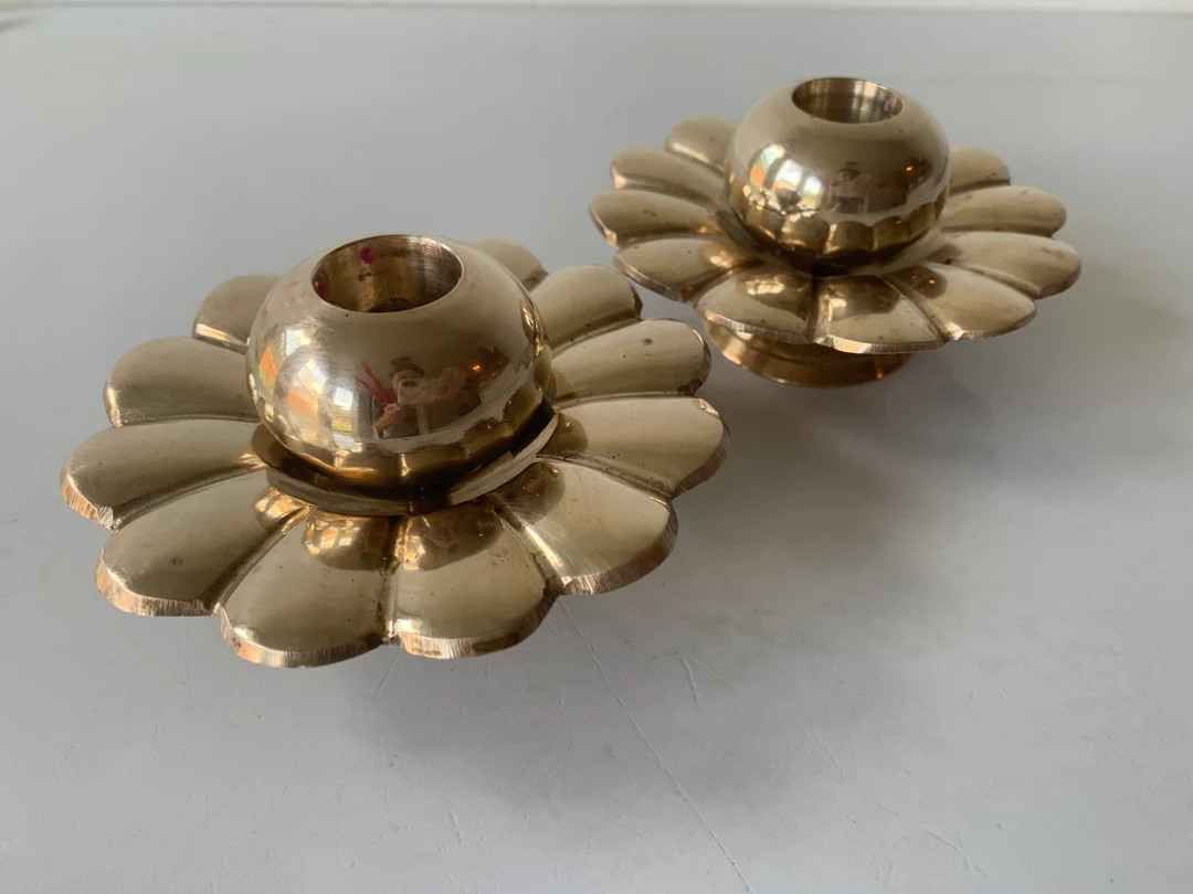 Brass Flower Two Way Candlestick Holder Set/Vintage Brass Candlestick Holder Set/Brass Scalloped ... | Etsy (US)
