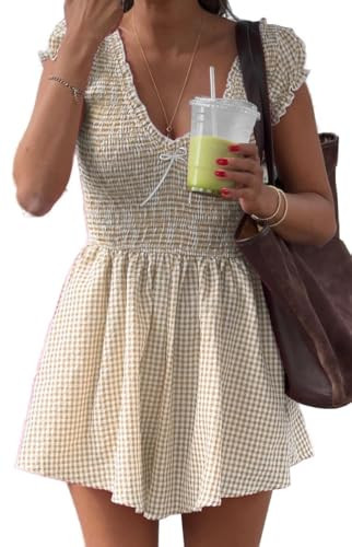 Meiyi station Womens Summer Gingham Rompers V Neck Puff Short Sleeve Smocked Wide Leg Shorts Jumpsuits One Piece Outfits | Amazon (US)
