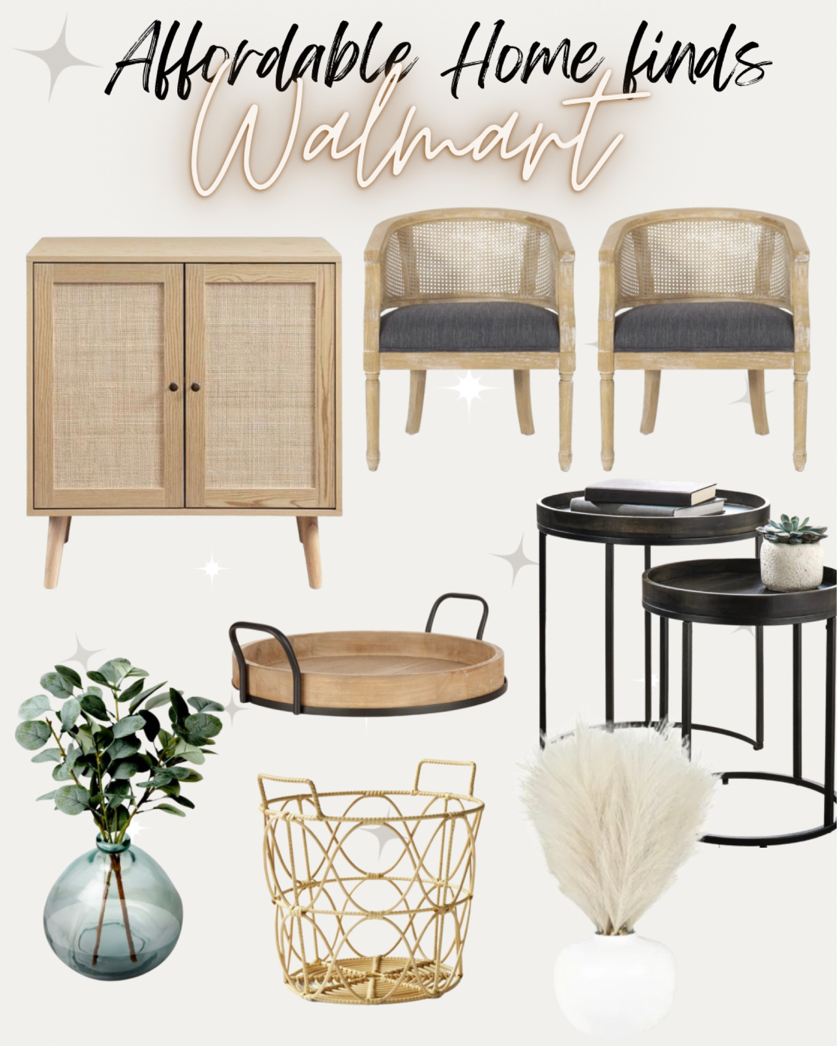 Walmart home decor 







Boho decor, wood and cane club chairs, pampas’s grass, tray decor, eucalyptus 

#LTKhome #LTKfamily #LTKstyletip