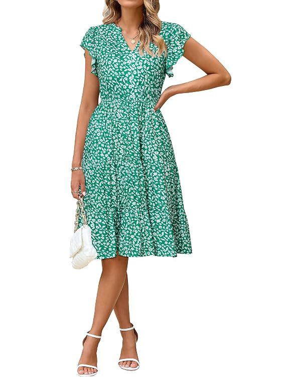 Glamaker Floral Tiered Midi Sundress Casual Summer V Neck Flutter Sleeve Striped Sun Dress with P... | Amazon (US)