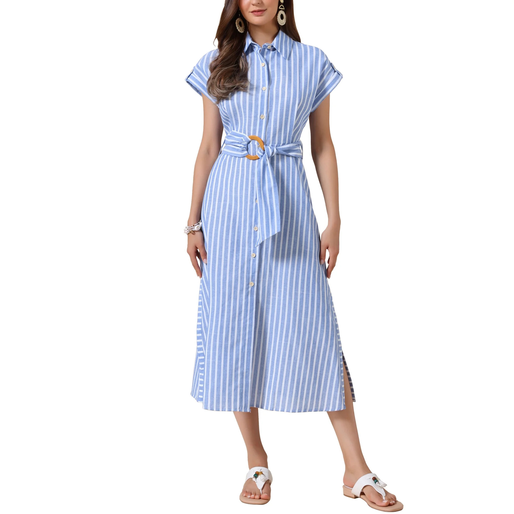 INSPIRE CHIC Striped Dress for Women Casual Button Down Side Slit Belted A Line Summer Midi Dresses L Blue and White | Walmart (US)