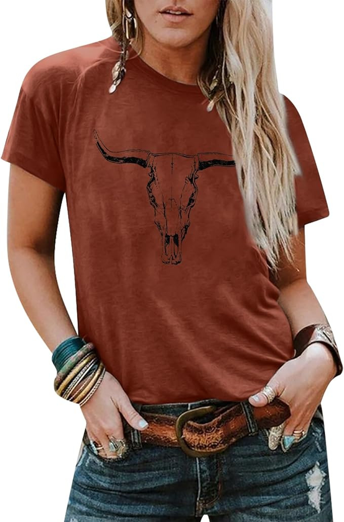 Boho Cow Skull Shirt women cowgirl t shirt Vintage Western Rodeo Graphic Tee Short Sleeve Bull Sk... | Amazon (US)