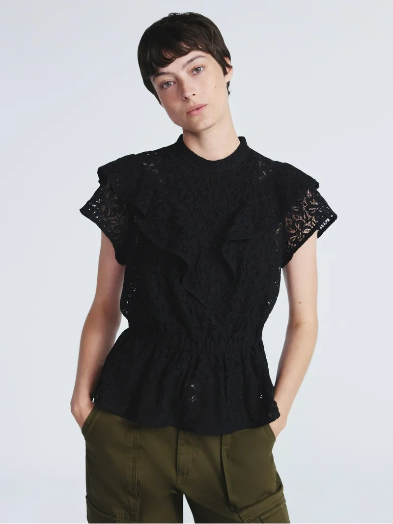 Scoop Women’s Lace Ruffle Peplum Blouse with Short Sleeves, Sizes XS-XXL | Walmart (US)