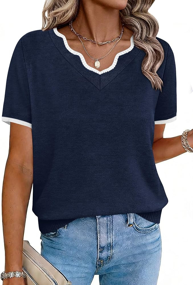 OFEEFAN Short Sleeve Sweater for Women V Neck Lightweight Sweaters Fashion Clothing Business Casu... | Amazon (US)