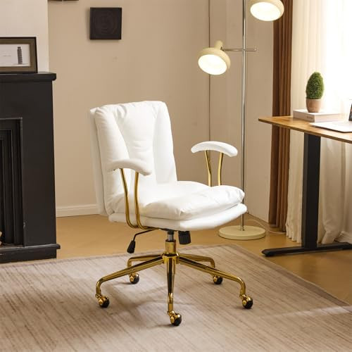 VINGLI Home Office Desk Chair Comfy with Wheels & Removable Armrests,Gold Base Vanity Chair with Back, Adjustable Rolling Swivel Computer Task Chair for Study,Makeup,Office,Bedroom,PU Leather,White | Amazon (US)