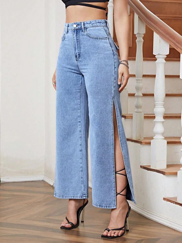 SHEIN Essnce Solid Split Thigh Jeans | SHEIN