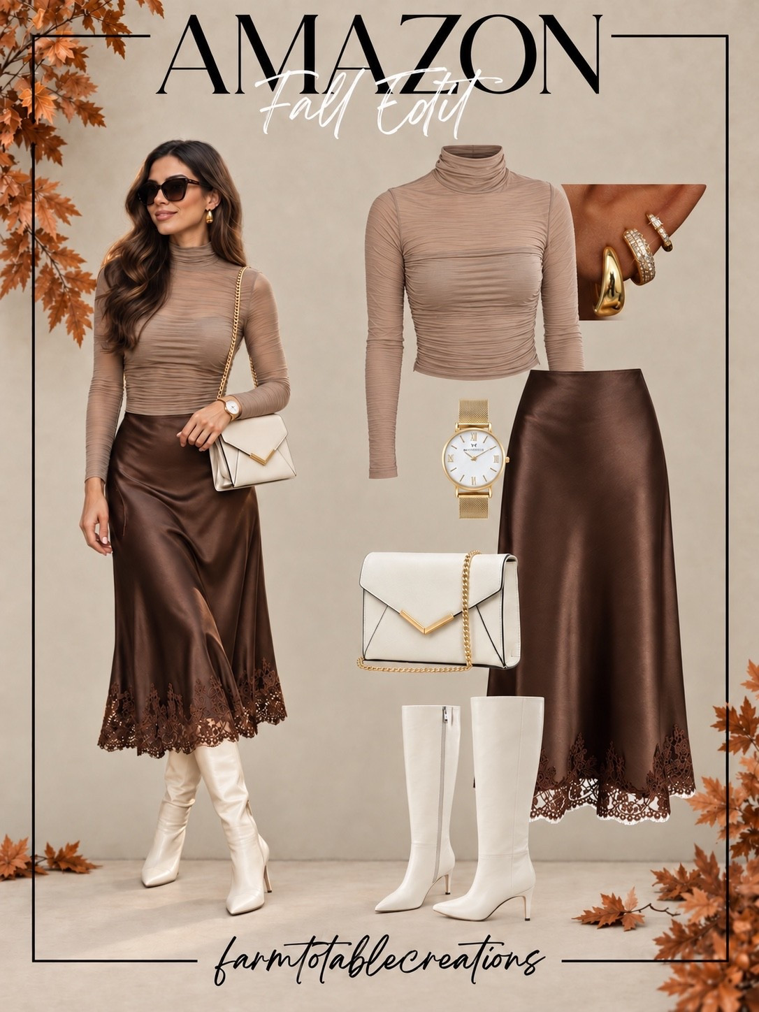 Amazon Fall Outfit 🤎🍂

This Amazon look is such a pretty mix of polished and feminine for fall! The chocolate brown satin midi skirt paired with a soft neutral ruched turtleneck feels effortlessly elevated, while the ivory boots, structured handbag, gold watch, and statement earrings add the perfect finishing touches.

It’s an easy outfit to recreate for date night, dinner, church, fall events, or even Thanksgiving—and every piece can be mixed into your wardrobe throughout the season.

Follow @farmtotablecreations on Instagram for more cozy home finds and trending decor.

#LTKStyle #AmazonFashion #AmazonFinds #AmazonStyle #FallFashion #FallOutfit #FallStyle #NeutralOutfit #BrownOutfit #MidiSkirt #DateNightStyle #ThanksgivingOutfit #AffordableFashion #LTKFinds #FallWardrobe

#LTKOver40 #LTKSeasonal #LTKmomlife