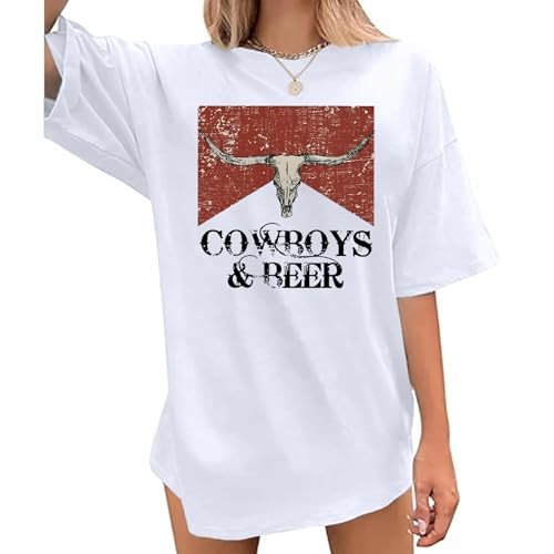 Cayxatiu Cowboy and Beer Rodeo Shirts Oversized Western Graphic Tees for Women Country Concert Cowgirl Cow Skull Shirt Tops(White,S) | Amazon (US)