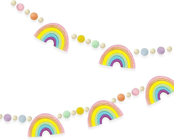 Pastel Pre-Strung Rainbow Banner Felt Wool Ball Wood Beads Garland Macaron Rainbow Garland for Wo... | Amazon (US)