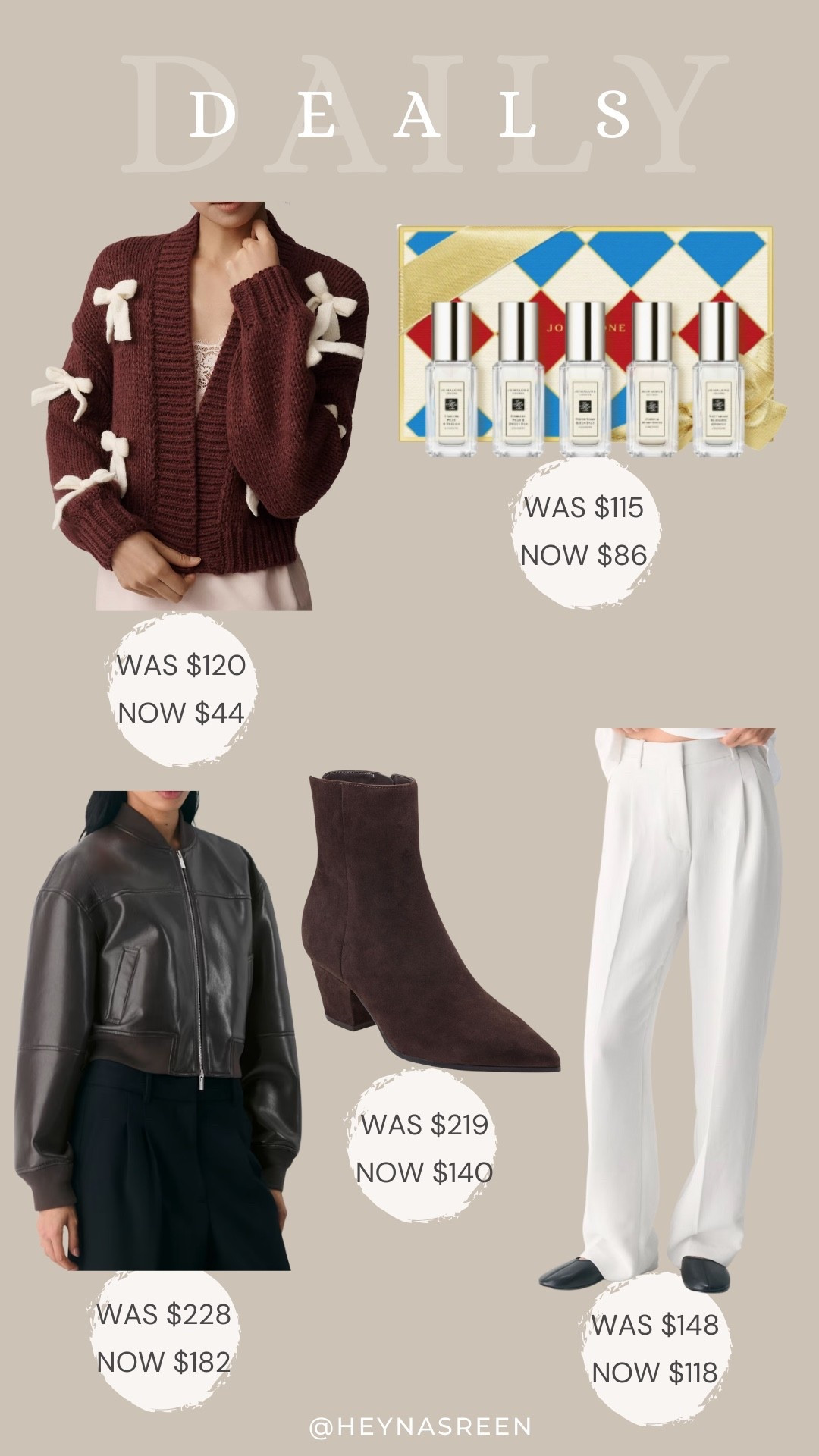 Daily deals on Anthropologie cardigan, Jo Malone set, Aritzia pants, Marc Fisher botties, Aritzia bomber 