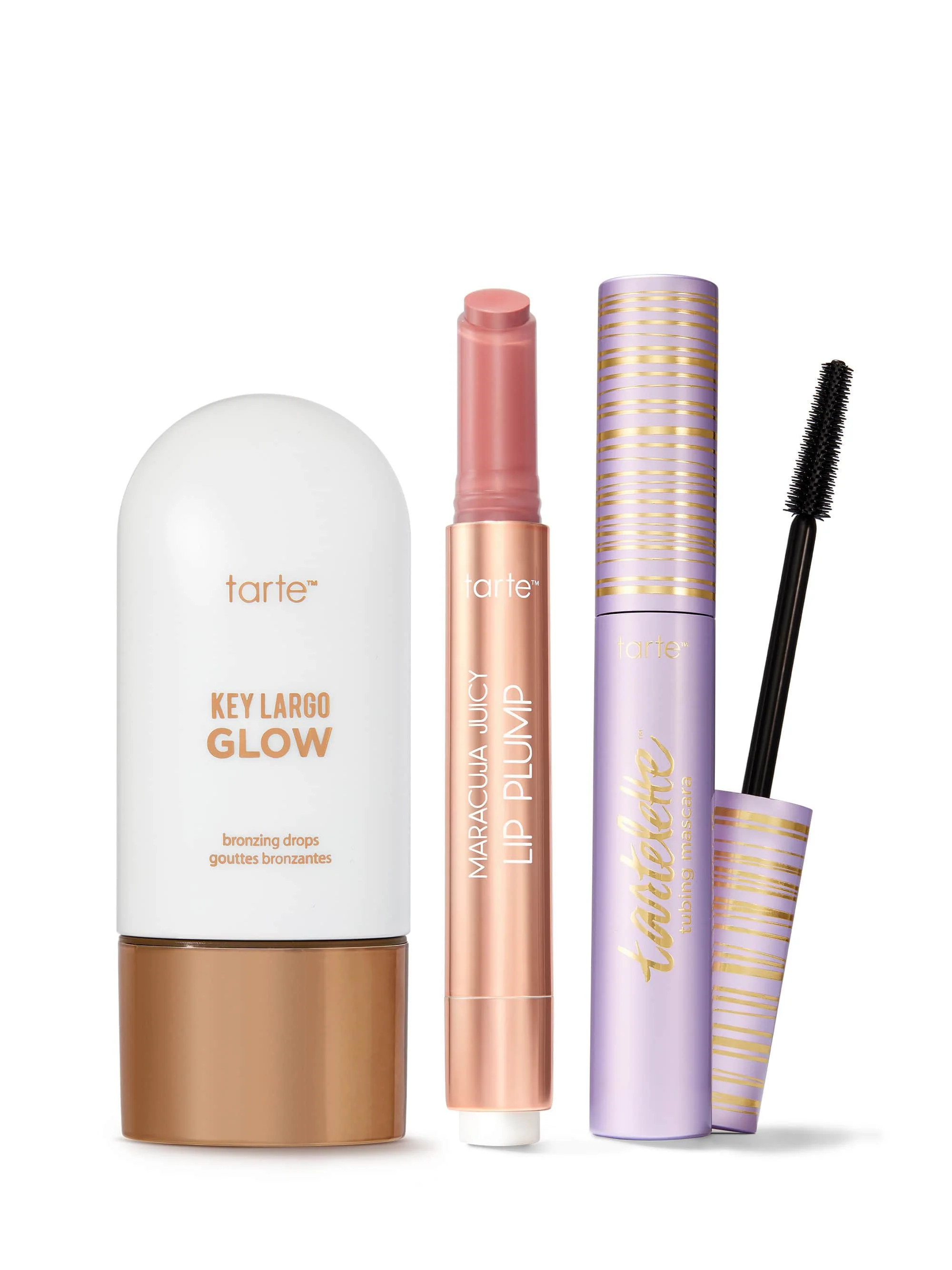 maracuja juicy lip plump, tubing mascara and bronzing drops trio rich bronze & primrose | Tarte Cosmetics