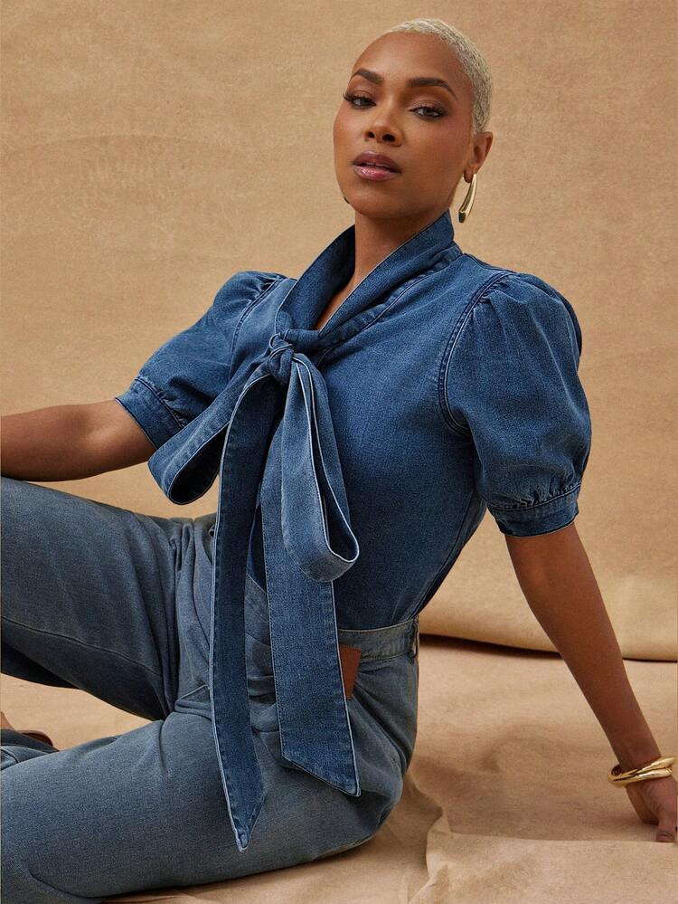Vixey Denim Volume Balloon Sleeve Tie Neck Blouse, Street Style, Off Duty, Casual Chic | SHEIN