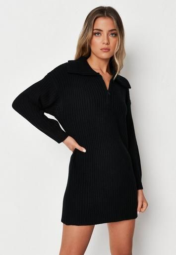 Missguided - Petite Black Rib Funnel Neck Knit Sweater Dress | Missguided (US & CA)