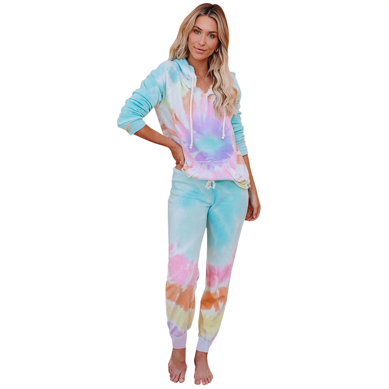 Women’s Tie Dye Two Piece Pajamas Set Long Sleeve Sweatshirt with Long Pants Sleepwear with Poc... | Walmart (US)