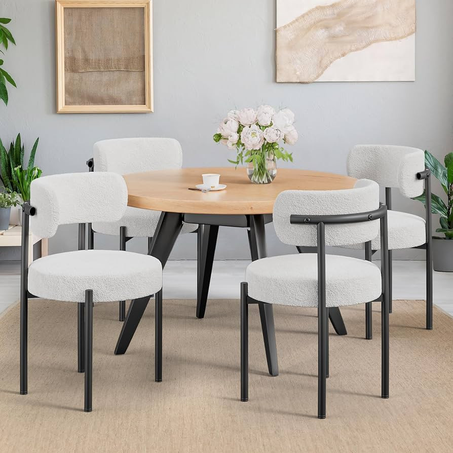Boucle Dining Chairs Set of 4, White Mid Century Morden Chair with Curved Backrest, Round Upholst... | Amazon (US)