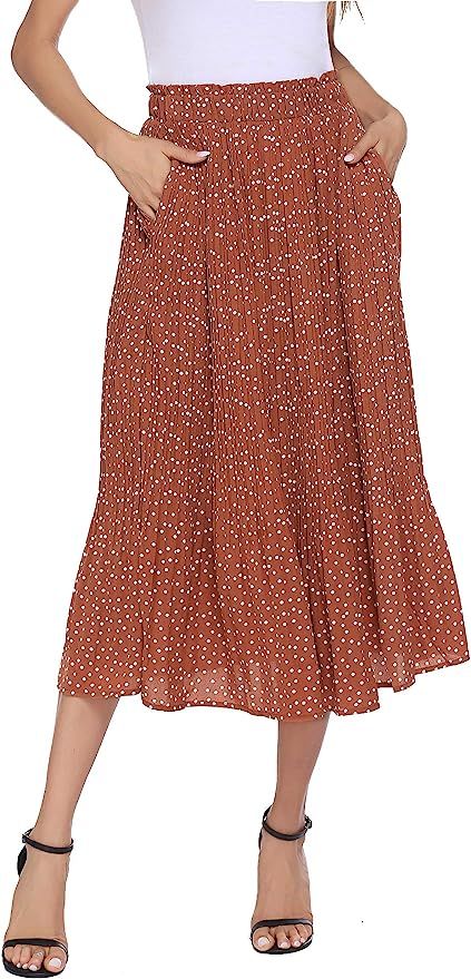 Parabler Women's Pleated Midi Skirt High Waist Polka Dot Swing Skirts Maxi Skirt with Pockets | Amazon (US)