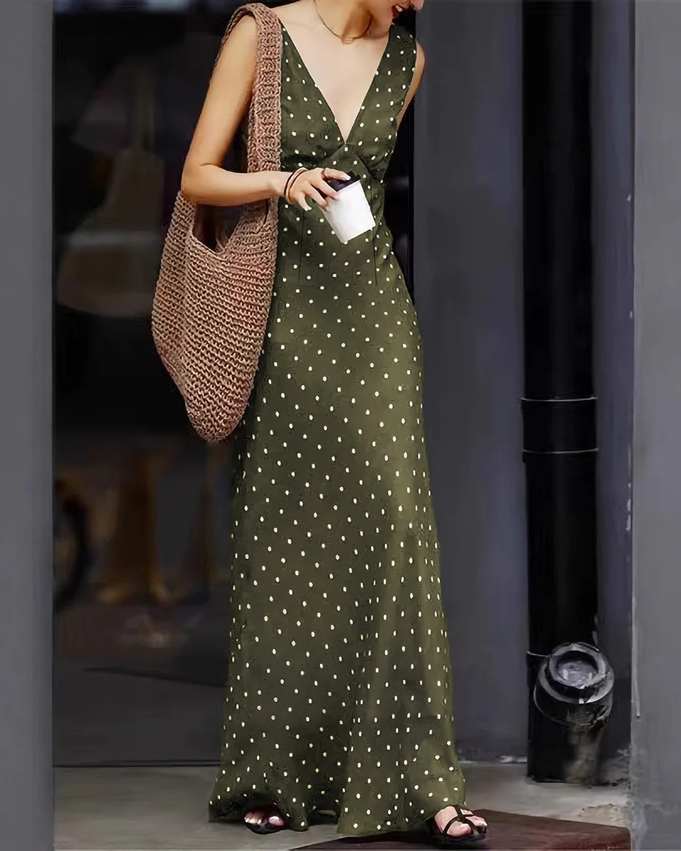 Green Polka Dot Sleeveless Maxi Dress | rihoas.com