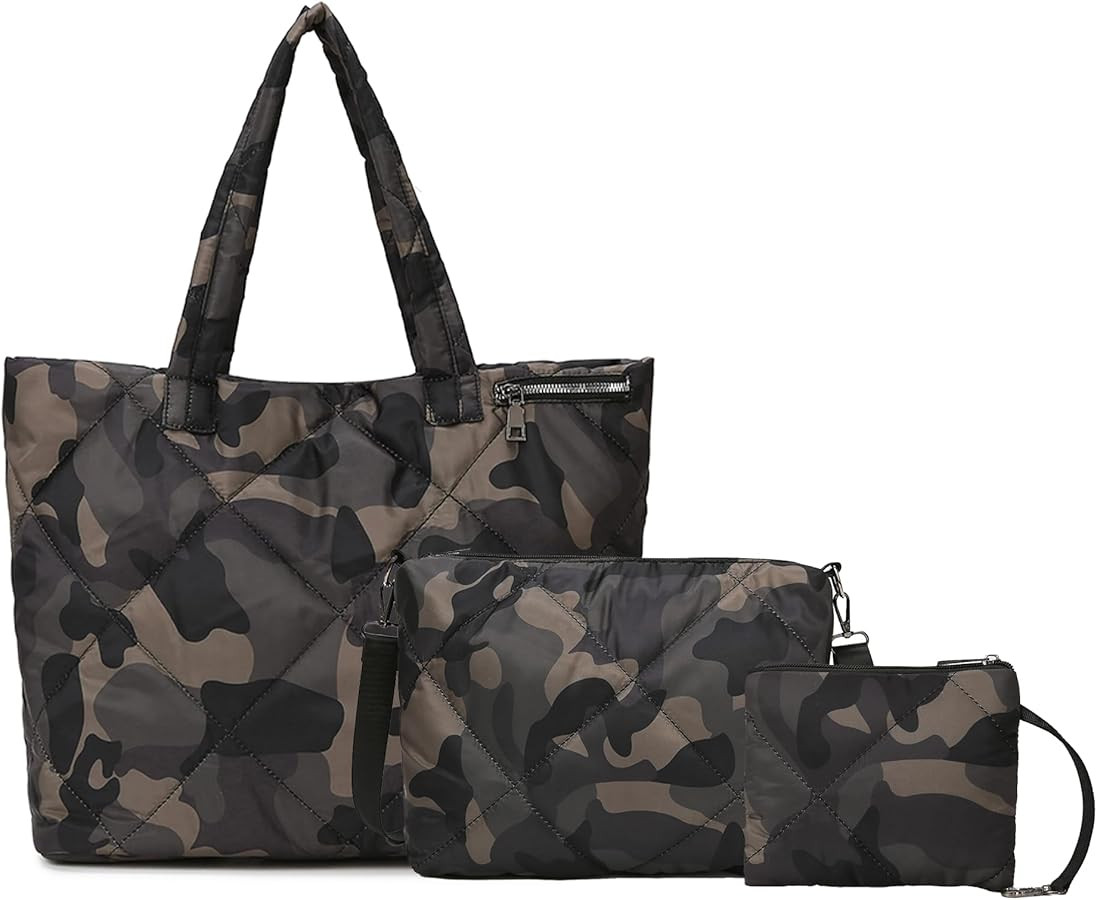 Quilted Tote Bag Set for Women, Puffer Shoulder Bag with Crossbody Purse and Small Pouch, Lightwe... | Amazon (US)