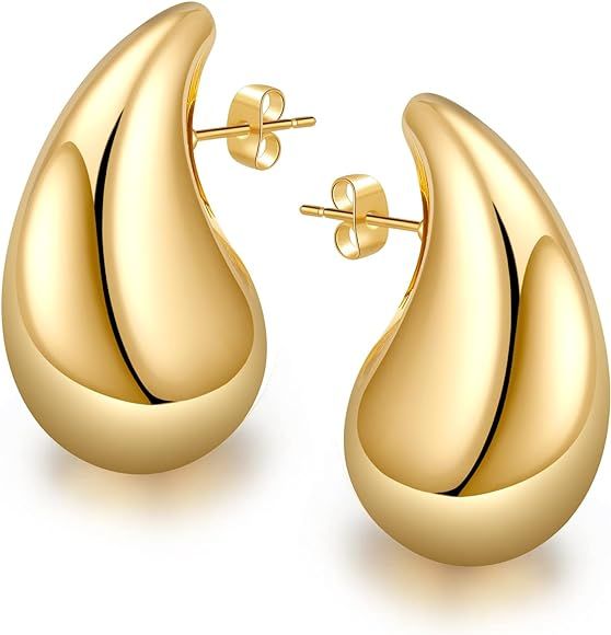 Chunky Gold Hoop Earrings for Women, Tear Drop Earrings Gold Plated Earrings Dupes Thick Lightwei... | Amazon (UK)