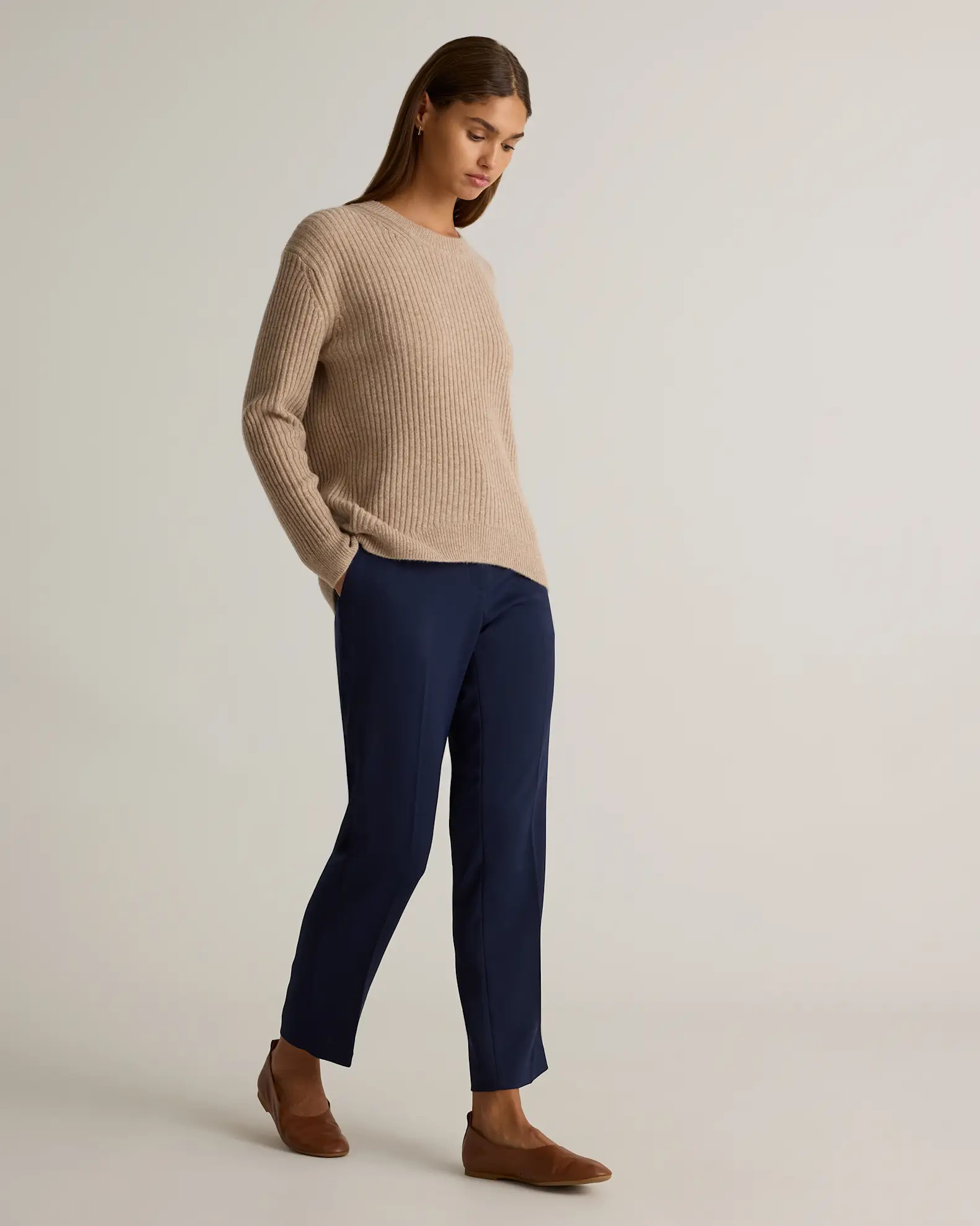 Mongolian Cashmere Relaxed Wide-Rib Crewneck Sweater in Oatmeal | Quince
