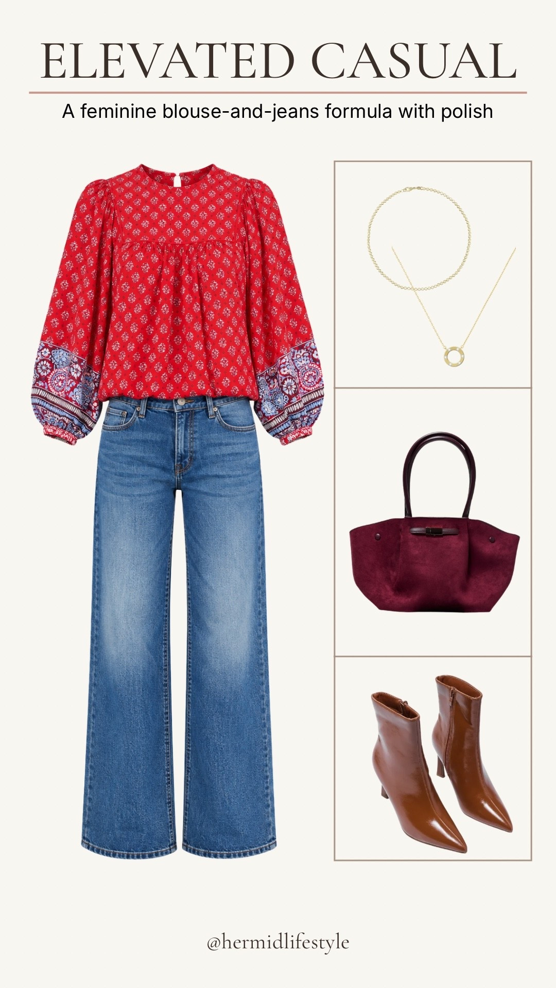 This red printed blouse and wide-leg jeans make an easy elevated-casual outfit. I love how the burgundy handbag and brown boots add a polished touch, and I’ll also link another pants option and a few bag options for you to choose from.

#LTKootd #LTKgrwm #LTKOver40