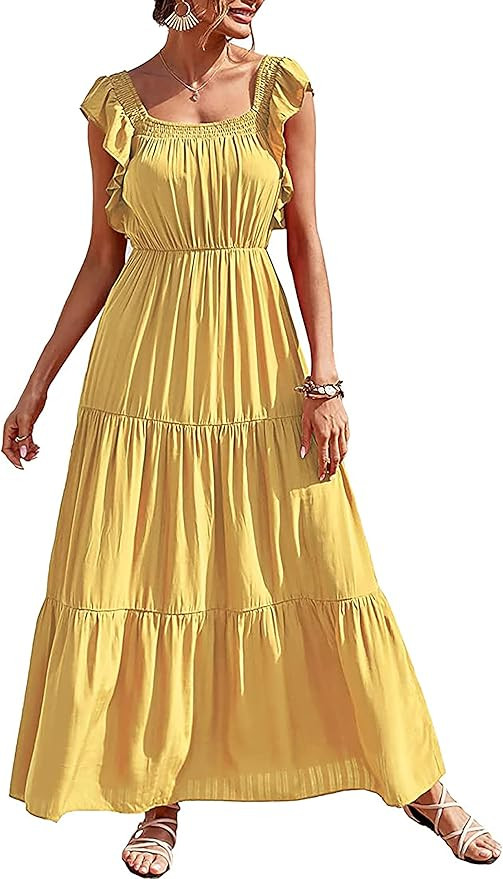 PRETTYGARDEN Womens Summer Boho Maxi Dress Short Sleeve V Neck Ruffle Trim High Waisted Tiered Pa... | Amazon (US)