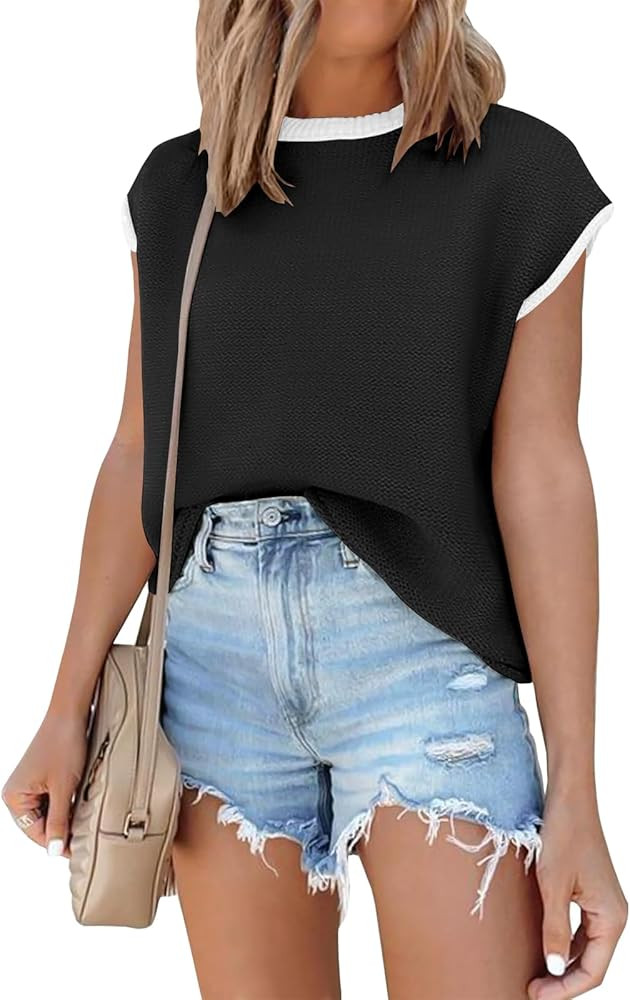 ANRABESS Womens Summer Cap Sleeve Sweater Crewneck sleeveless Knit Tops Casual Fit Vest 2024 Tren... | Amazon (US)