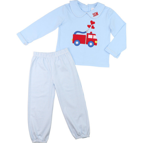 Blue Knit Windowpane Valentine Firetruck Pant Set | Cecil and Lou