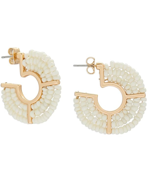 Cream Beaded Hoop Earring, Gold, One Size | Amazon (US)