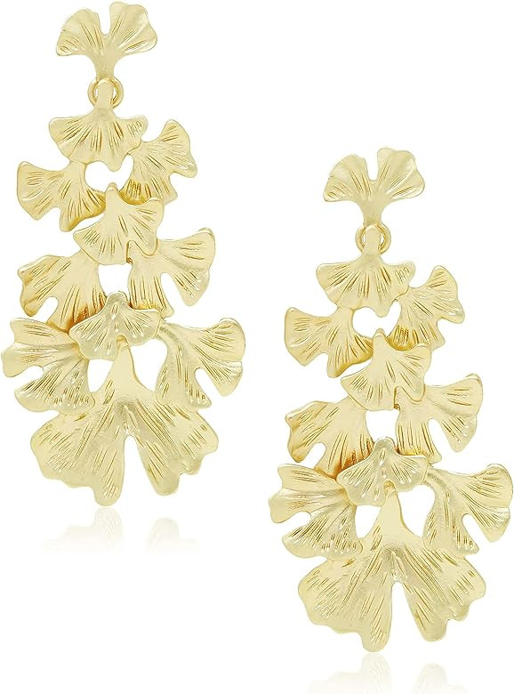 Vintage Earrings for Women Matt Metal Ginkgo Biloba Textured Statement Earring 14K Gold Plated Dangl | Amazon (US)