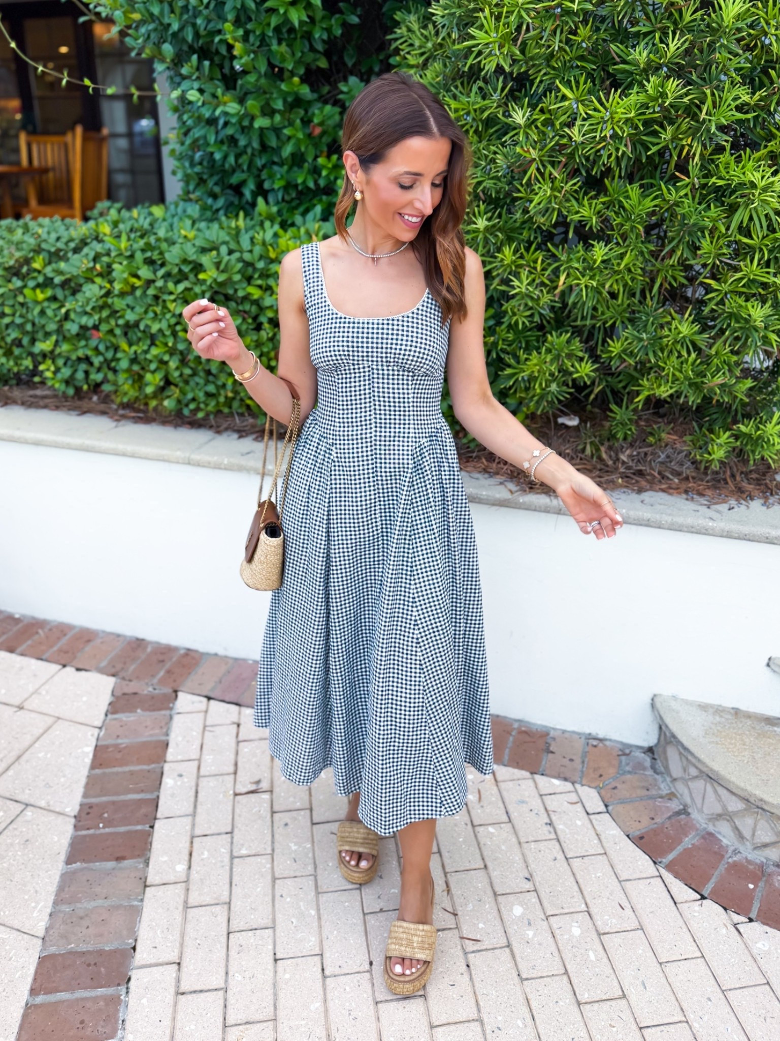 My dinner outfit tonight! Gingham midi dress in XXS petite. Summer dress. Summer. Dress. Fall outfit. Resort outfit. Vacation dress. Vacation outfit. Wedges are TTS. YSL raffia bag.

#LTKgrwm #LTKootd #LTKTravel
