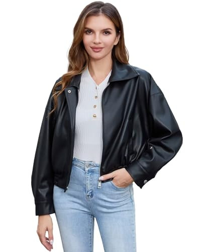 DIASHINY Women's Faux Leather Jacket PU Leather Moto Biker Coat Loose Motorcycle Jackets Black S | Amazon (US)