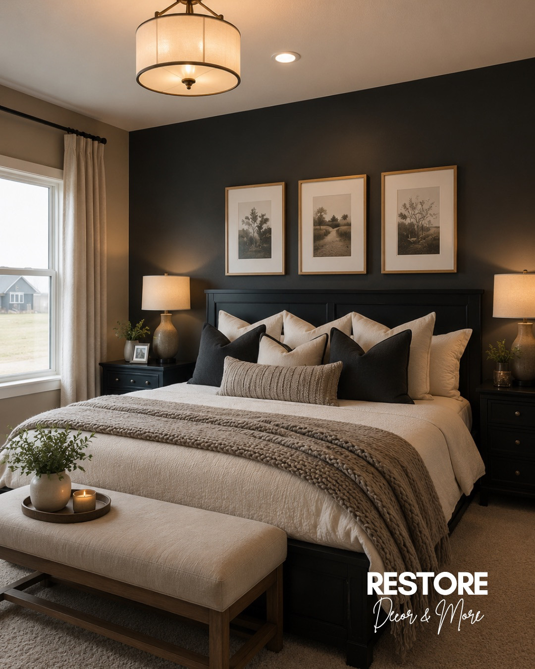 Moody tones + cozy layers = the dreamiest bedroom retreat 🤍🖤 Loving how these textures and warm accents bring the whole space together.
#LTKHome #BedroomDecor #MoodyBedroom #NeutralDecor #CozyHome #HomeInspo #ModernBedroom #InteriorStyle #BedroomInspo #HomeDecor #BlackAccentWall #LayeredBedding #NeutralAesthetic #CozyBedroom 

 #LTKHome