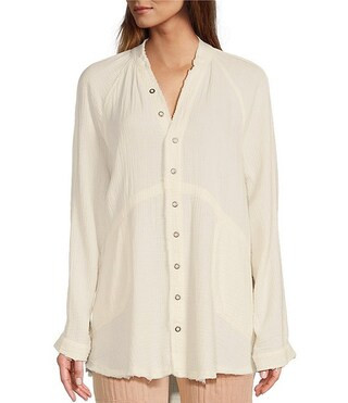 Free People Summer Daydream Long Sleeve Button Front V-Neck Raw High-Low Hem Oversized Top | Dill... | Dillard's