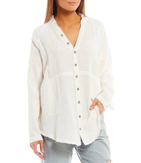 Free People Summer Daydream Long Sleeve Button Front V-Neck Raw High-Low Hem Oversized Top | Dill... | Dillard's