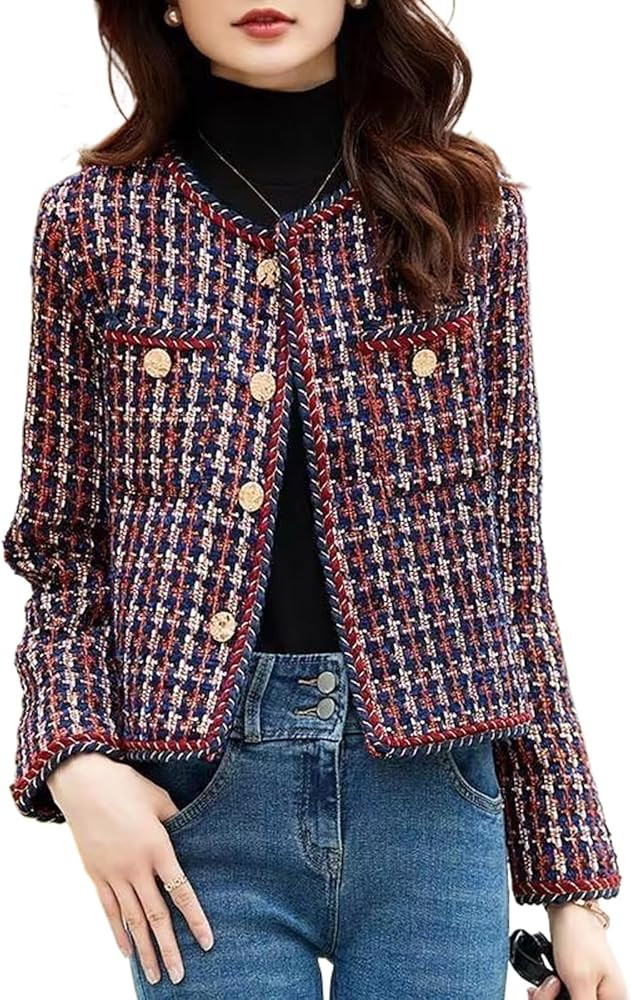 JYHBHMZG Red Tweed Jacket for Spring Autumn Winter Women's Top Small Fragrant Style Classic Jacke... | Amazon (US)