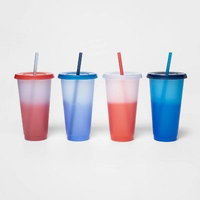 23oz 4pk Plastic Color Changing Tumblers with Straws Red/White/Blue - Sun Squad™ | Target