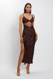 Amirah Mesh Cut Out Sequin Maxi Dress - Chocolate | MESHKI US