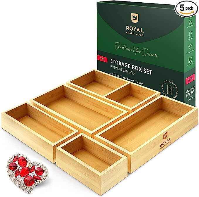 ROYAL CRAFT WOOD Luxury Bamboo Drawer Organizer Storage Box, Bin Set - Jewelry Organizer Trays - ... | Amazon (US)