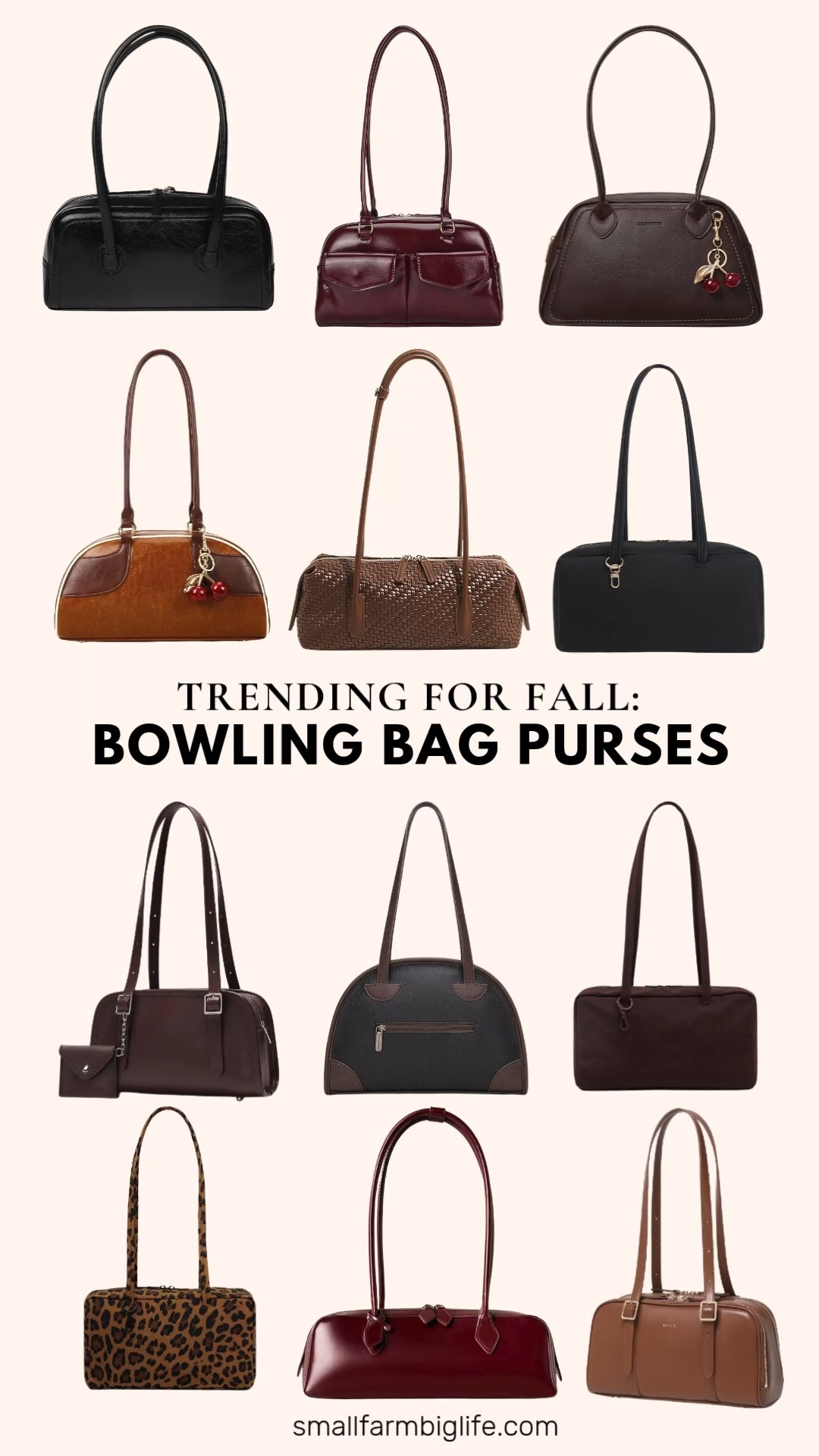 Bowling bag purses are one of my favorite fall trends and I have rounded up all my favorites for you.

The coffee brown BOSTANTEN Bowling Purse with the cherry charm has such a fun, vintage Y2K feel, and the cognac and dark brown Y2K Bowler Bag with a cherry charm has that same quiet luxury, retro vibe. If you want a classic neutral, the black Leather Bowler Bag with a keychain and charm loops is such a practical everyday option for travel or work.

For something more polished, the burgundy Top Grain Cowhide Bowling Bag and the wine red ALEX&MIA Swing Bowler Purse both have a rich, seasonal color perfect for date night outfits. The coffee brown Woven Bowling Purse and the black and dark brown Montana West Retro Bowling Bag both bring such a nice vintage top handle silhouette.

If you love a smaller, minimalist shape, the black Underarm Purse is soft and lightweight for everyday wear, and the coffee brown Swing Zip Shoulder Bag has such a nice multi compartment interior for work or travel. For something playful, the coffee brown and leopard BAGGU Nylon Bowler Bags are such a fun, casual take on the trend, and the light brown Keyli Swing Zip Shoulder Bag rounds things out as an easy everyday hobo style bag.

So many fun bowling bag options to shop for autumn outfits this season, all linked for you.

#bowlingbag #fallfashion #falloutfits #autumnoutfits #handbags 

 #LTKootd #LTKOver40 #LTKWorkwear