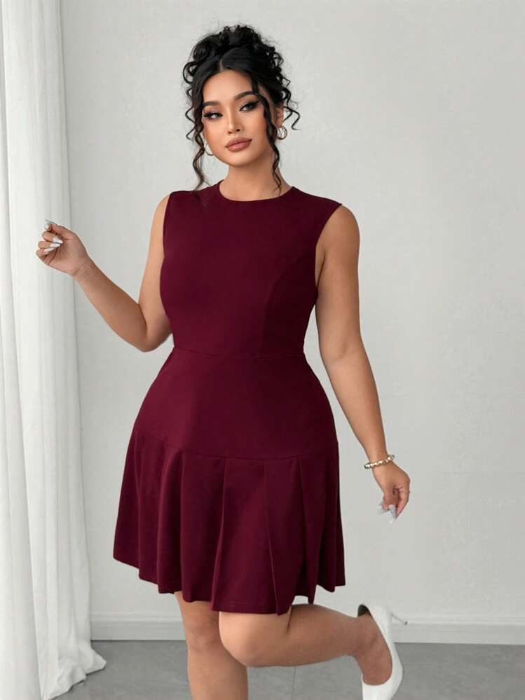 Elenzga Plus Size Women's Solid Color Fitted Sleeveless Ruffle Hem Short Party Dress, Elegant | SHEIN