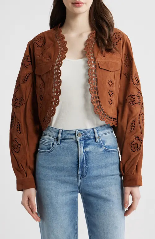 FARM Rio Richilieu Embroidered Genuine Leather Crop Jacket in Caramel at Nordstrom, Size Medium | Nordstrom