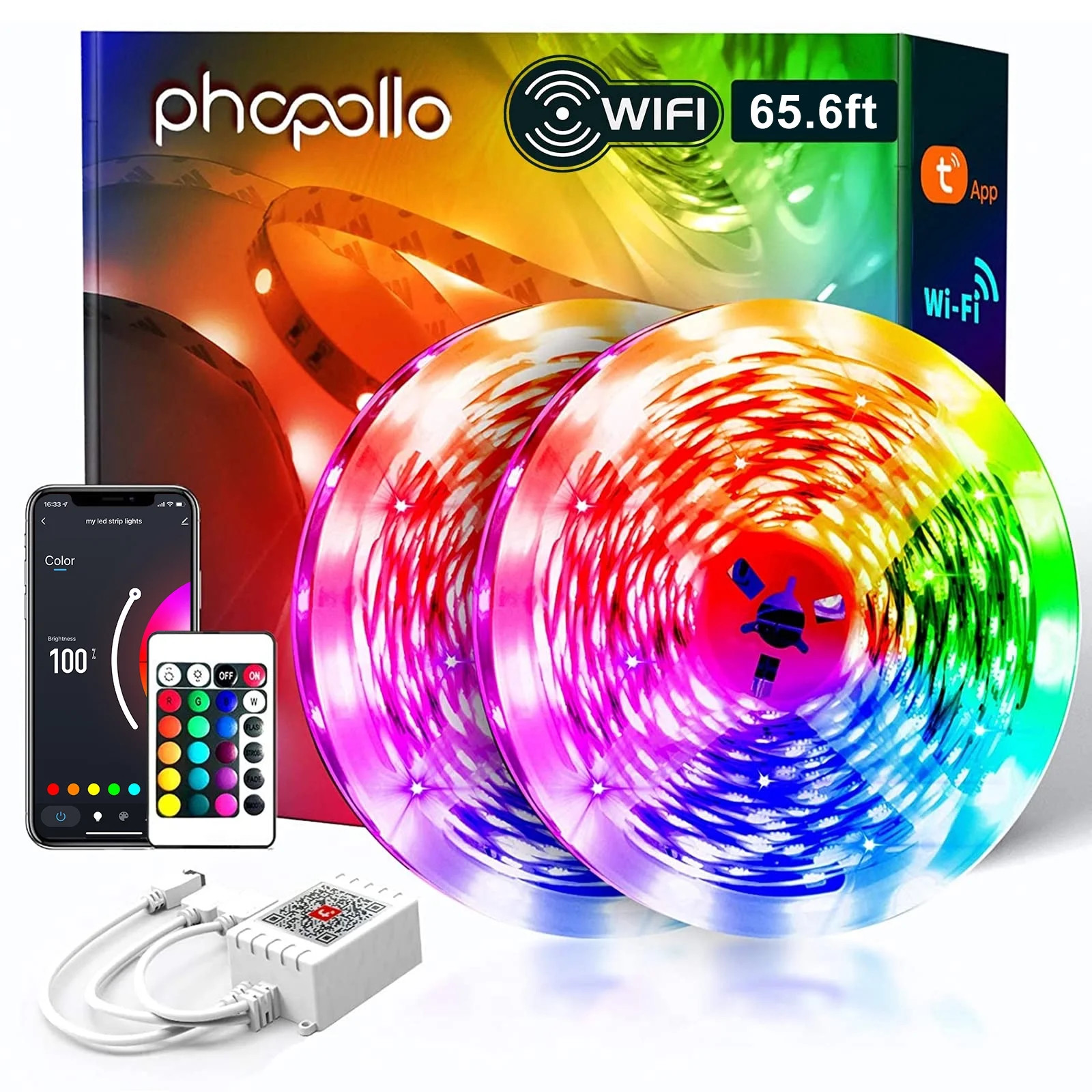 Phopollo 65.6ft Wifi LED Strip Lights for Bedroom, Color Changing Led Lights, Voice Control via A... | Walmart (US)